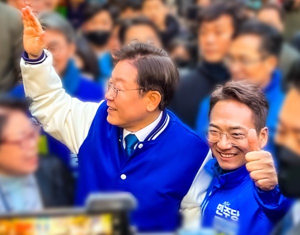 민주당 부평을 박선원, 이재명 대표와 합동 거리유세 모습. 캠프 포토