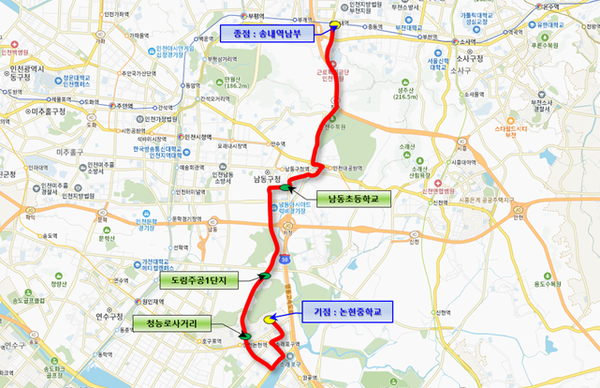 심야전용버스 N50번 별밤버스 운영 노선도. 인천시 포토