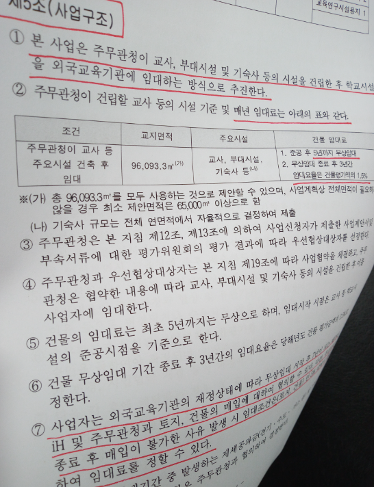미단시티 외국학교법인 선정 공모 내용 중 제5조 사업구조. 인천뉴스 포토