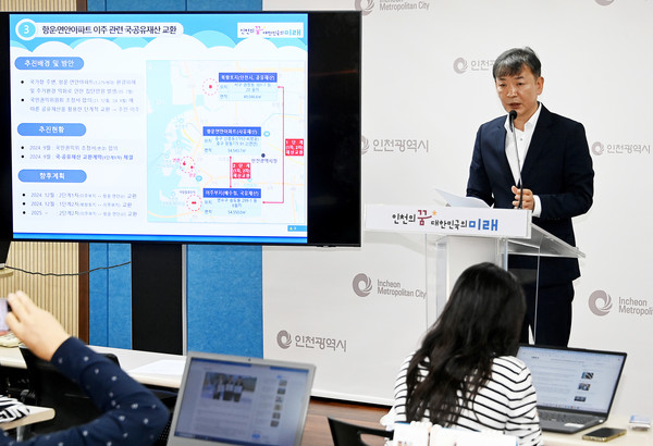 김을수 해양항공국장이 25일 시청 브리핑룸에서 해양항공국 소관 현안과 관련해 기자브리핑을 하고 있다. 인천시 포토