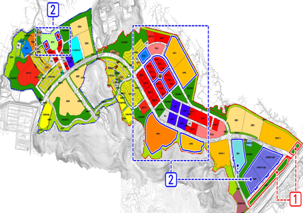 영종도 미단시티(골든테라시티) 파크골프장 대상지(1번) 및 조성토지 처분계획 변경 대상지(2번). 인천뉴스 포토