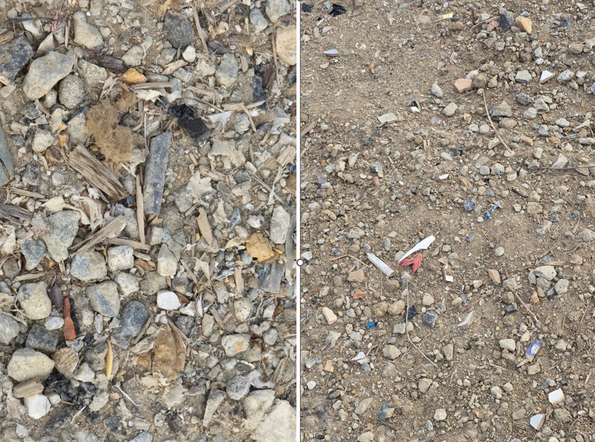 인천 강화군 화도면 여차리 168-2번지 제방에 플라스틱, 유리 등이 섞인 건설폐기물로 보이는 흙. 인천뉴스 포토 