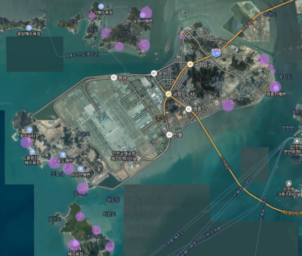 흰발농게  육안 조사 결과 표시. 인천녹색연합･인하대 해양동물학연구실･네이버