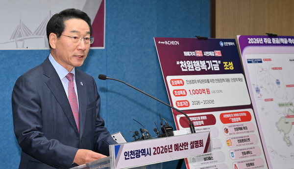 유정복 인천시장이 지난 4일 시청 브리핑룸에서 인천시 2026년 예산안을 설명하고 있다. 인천뉴스DB